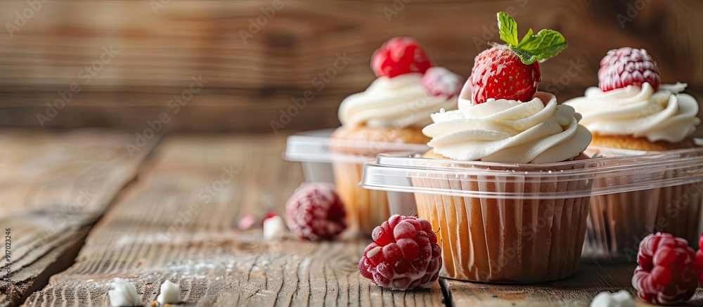 Poster Cupcakes presented on a wooden background inside a reused plastic container with copy space image