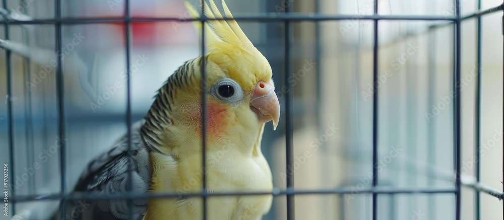 Poster a juvenile cockatiel pet gazes from its cage in a home setting with space for added imagery. . image