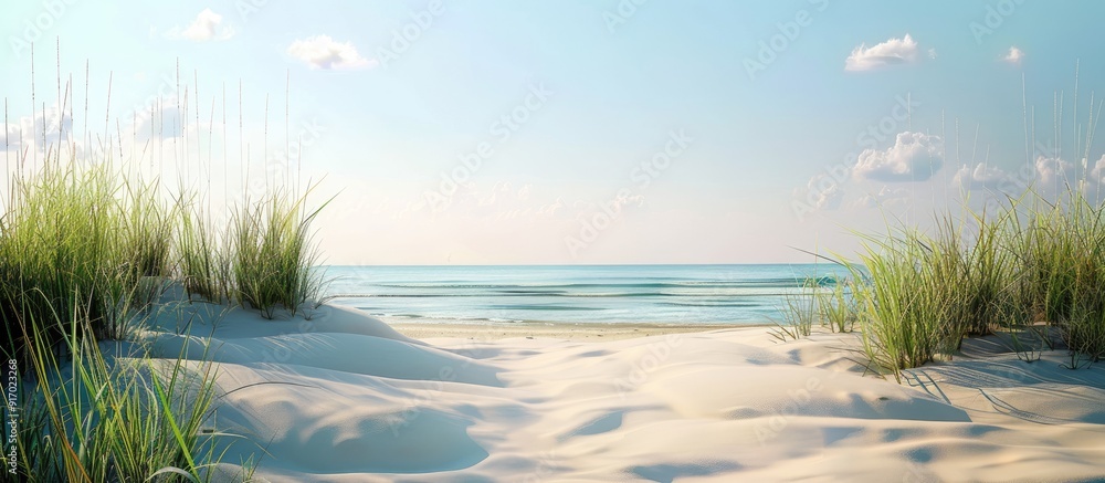 Poster A serene summer scene with a sandy beach in the front and the ocean in the back perfect as a copy space image