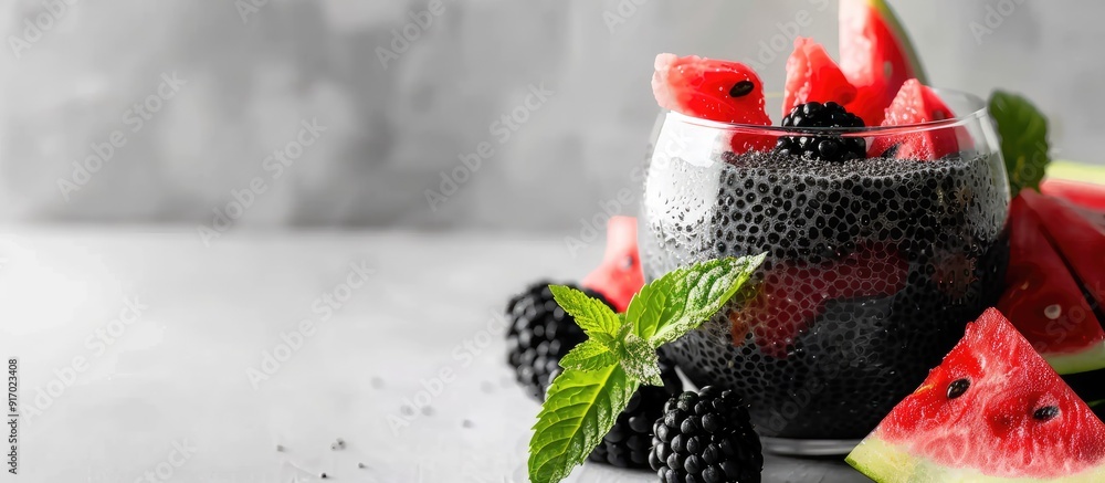 Poster black chia pudding served in a glass with a watermelon flavored image in a copy space image