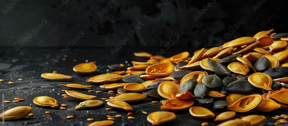 Poster Pumpkin seeds without shells perfect for adding texture and flavor with a copy space image available for showcasing