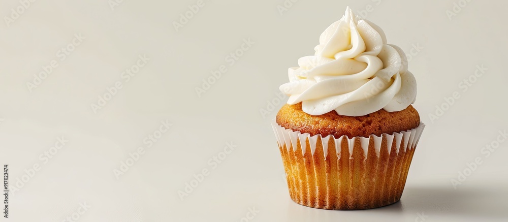 Poster Delicious cupcake topped with buttercream on a white backdrop with copy space image