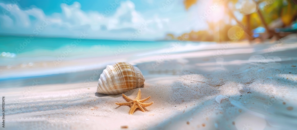 Aufkleber beach shell on white sand with tropical seascape summer background providing a calming coastal atmos