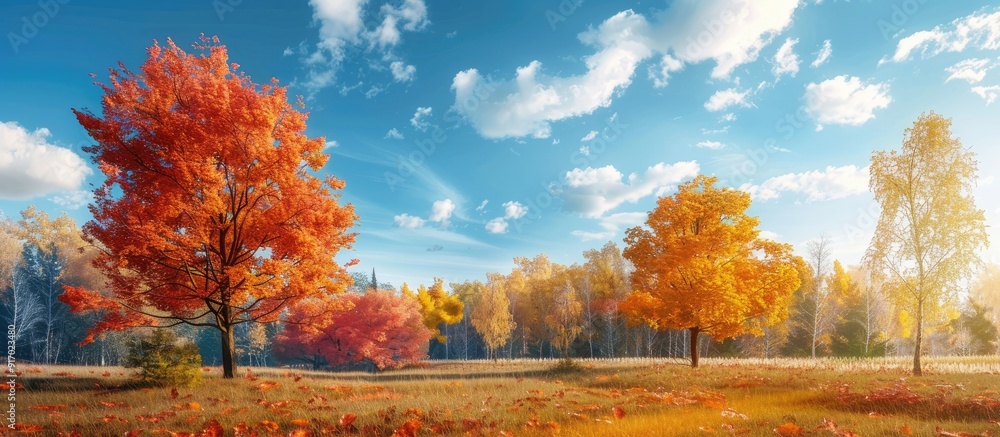 Poster Trees displaying their autumn colors amidst a scenic backdrop perfect for a copy space image