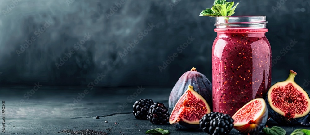 Poster glass jar with a smoothie made of figs and blackberries promoting clean eating with copy space image