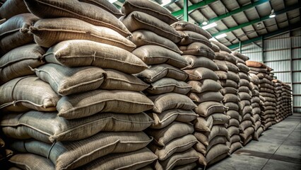 A large pile of sacks filled with brown material