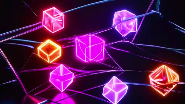 Neon cubes and lines create an abstract, digital, and modern geometric pattern on a dark background.