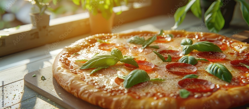 Poster delicious pepperoni pizza with fresh basil on a table with copy space image