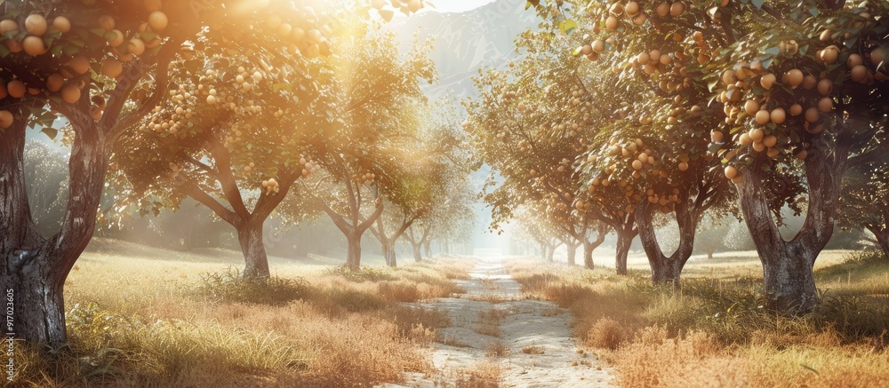 Poster a scenic orchard on a sunny late summer day with space for text over a picture. . image with copy sp
