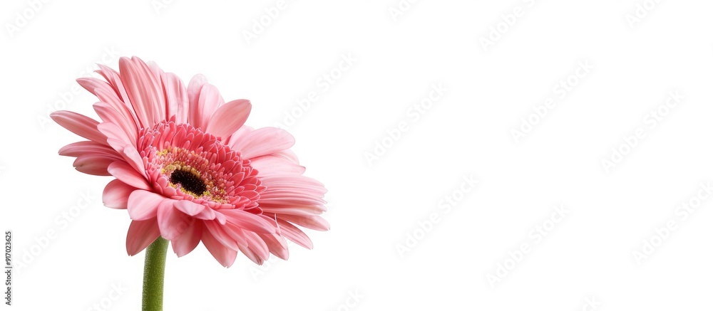 Poster gerbera daisy with a pink hue standing alone on a white background with ample copy space image