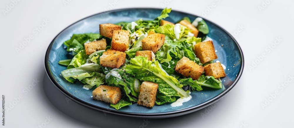 Poster caesar salad on a blue plate set against a white backdrop perfect for a copy space image