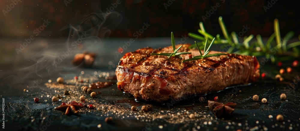 Poster A pork steak and carbonated fillet are presented on a dark background garnished with rosemary and spices captured from a side view angle with copy space image available