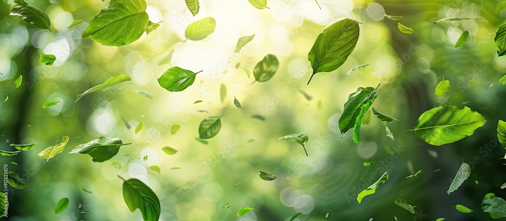 Poster The main picture features green leaves floating and dancing in the air acting as an air purifier in a simple atmosphere with copy space image