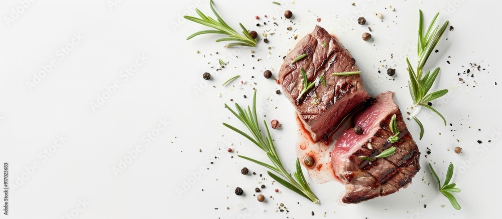 Poster beef steak garnished with rosemary and peppercorns on a white backdrop presenting a clear copy space