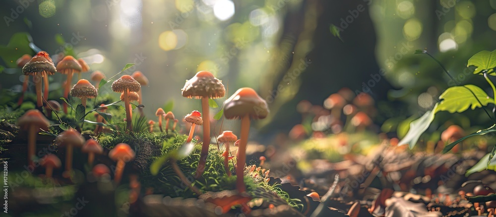 Aufkleber capturing detailed close up images of tiny fungi in the woods with a copy space image included