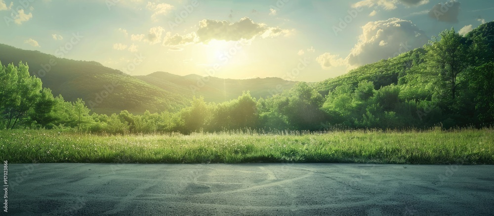 Poster sunrise illuminating a scenic natural landscape featuring an asphalt road square a verdant mountain 
