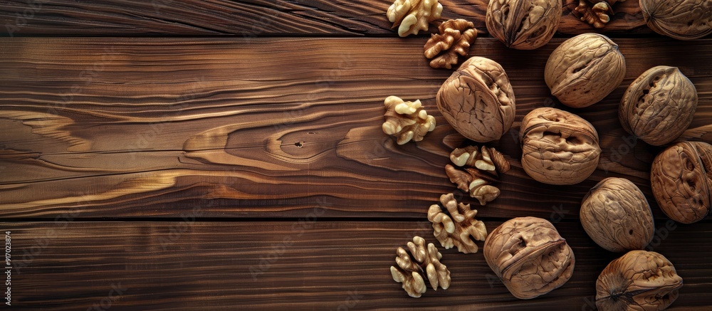 Poster walnuts on a wooden surface with copy space image