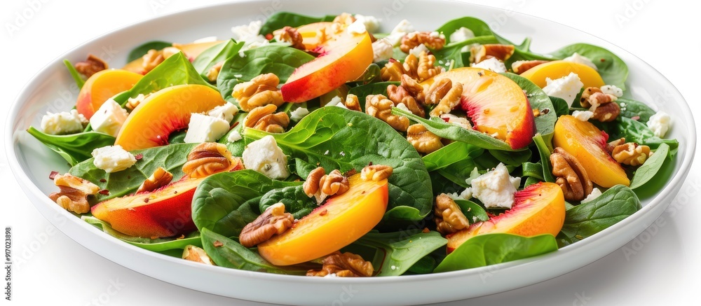 Poster vegetarian dish with spinach salad caramelized peaches walnuts and feta cheese shown in a copy space