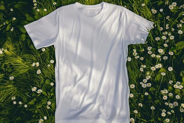 Mockup of a white t-shirt on a grass field with small white flowers