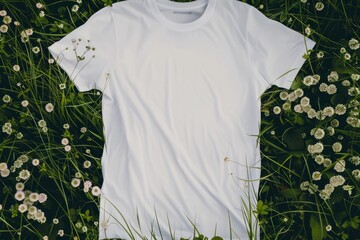 Mockup of a white t-shirt on a grass field with small white flowers