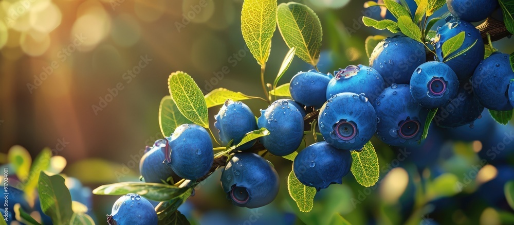 Poster A branch in a garden with blueberries displayed with copy space image available
