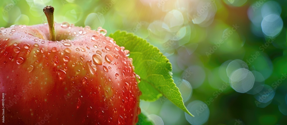 Poster Fresh apple with a water drop on its skin set against a lush green natural backdrop a concept representing a background with a copy space image