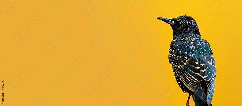 Poster A common starling Sturnus vulgaris is shown in a photo with ample space for text or design elements next to it known as a copy space image