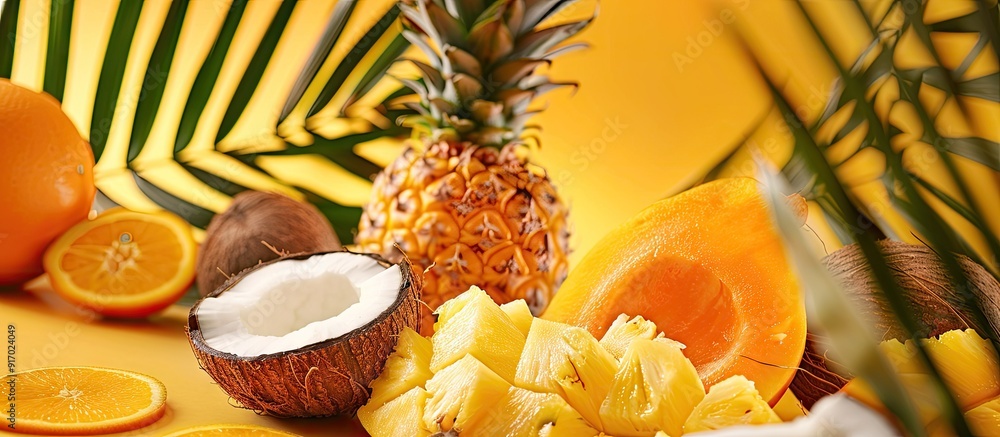 Poster juicy fruits like coconut pineapple and orange arranged nicely on a bright backdrop with ample copy 