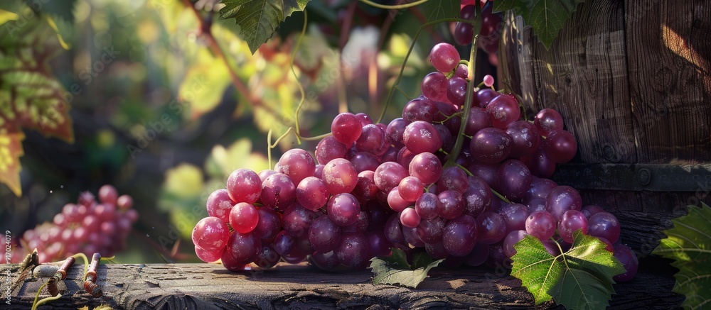 Poster Delicious looking grapes in a garden setting with copy space image included