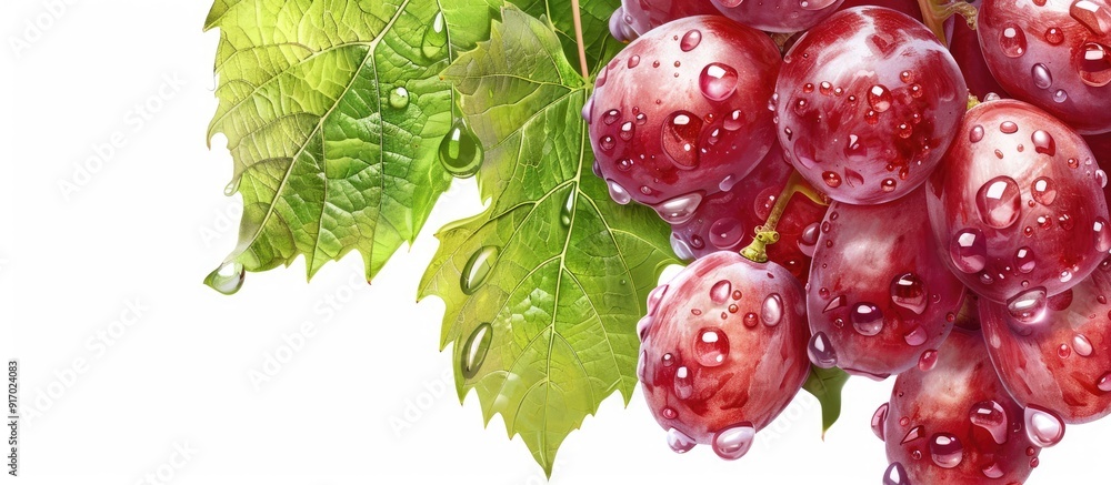 Poster red table grapes with grape leaves featuring water drops on a white background ideal for copy space 