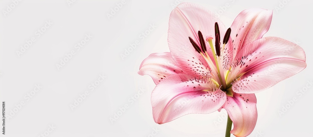 Poster pink lily blossom isolated against white backdrop with copy space image