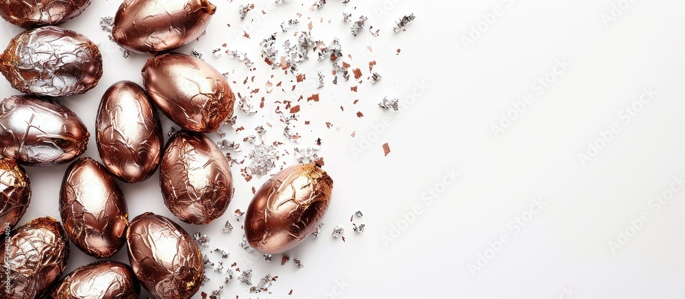 Poster Chocolate eggs in foil showcased against a white backdrop with room for text or other content within the image known as copy space image
