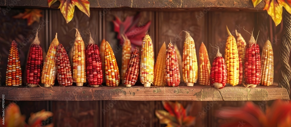 Poster vibrant autumn corn displayed on shelf with copy space image