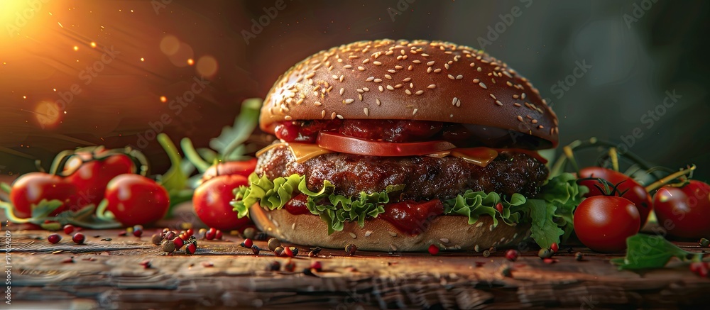 Poster burger with meat patty and cherry tomatoes on a. . image with copy space