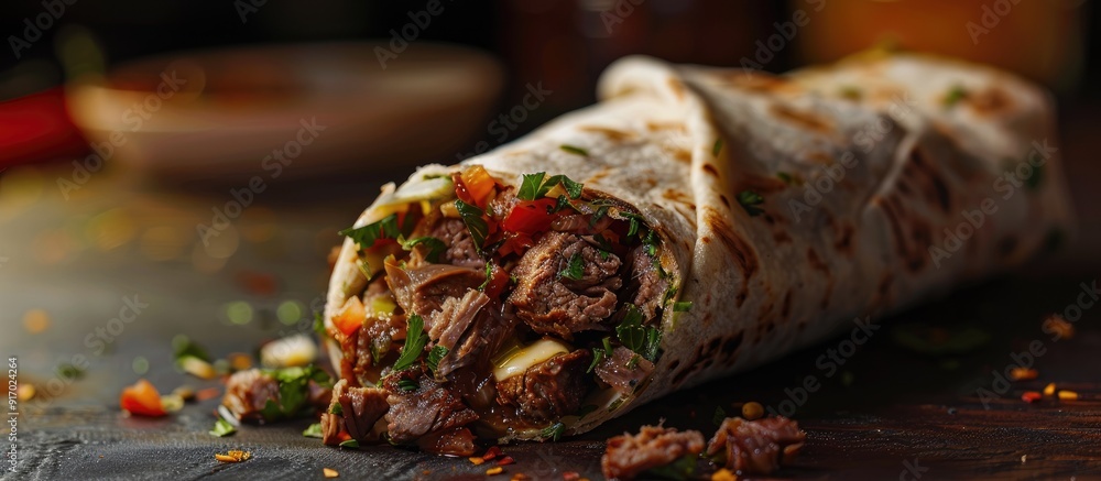 Poster Succulent Turkish kebab tantuni displayed in a Mersin tantuni wrap with varieties of meat like beef and chicken in between bread served as a copy space image