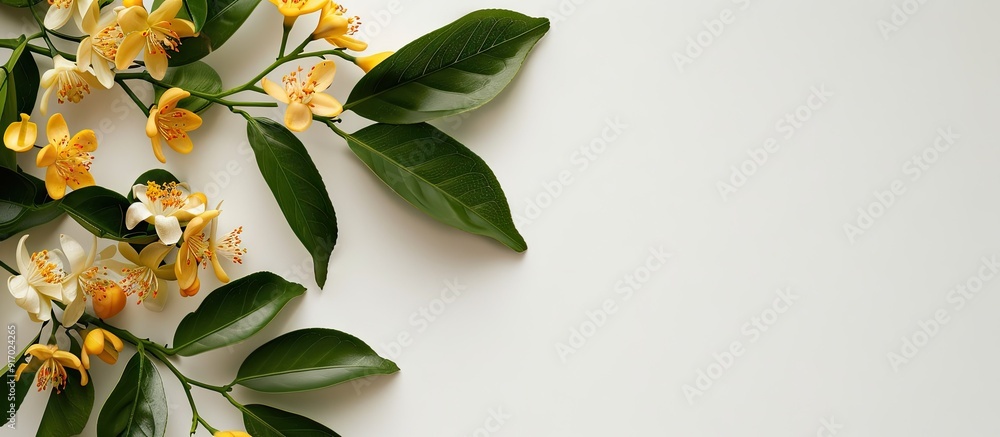 Poster lemon flower on white backdrop with copy space image