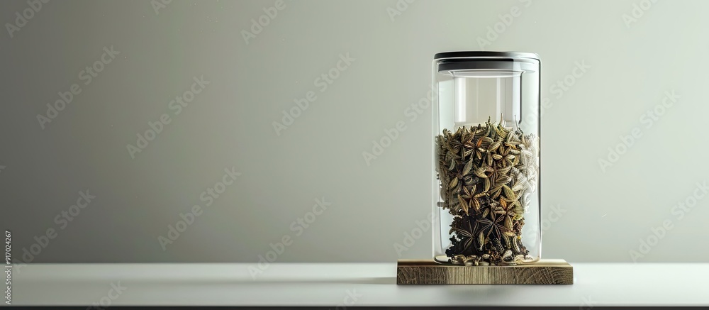 Poster a tea infuser showcasing a mix of fennel anise and caraway seeds against a blank background in a cop