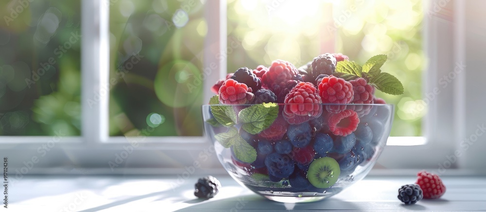 Poster A glass bowl filled with a summer berries smoothie presented against a backdrop of a window with copy space image