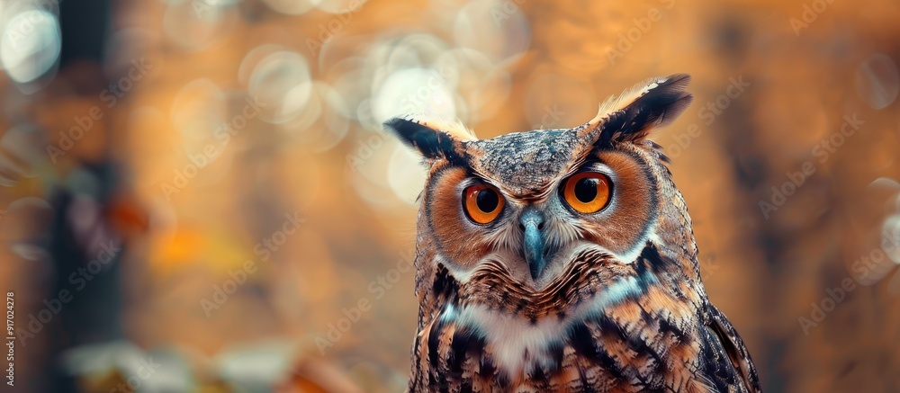 Poster owl pet in close up staring at camera against blurred brown backdrop with copy space image
