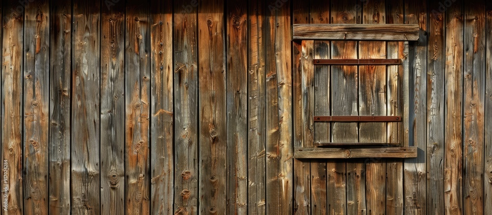 Aufkleber Old rustic window on a wooden attic wall serving as a template for a copy space image with empty white space for background