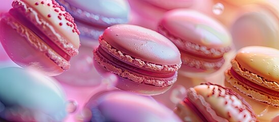 Obraz premium Background of various colorful French macarons with vintage pastel tones Sweet and delicious macarons showcased in a bakery concept with selective focus on the copy space image