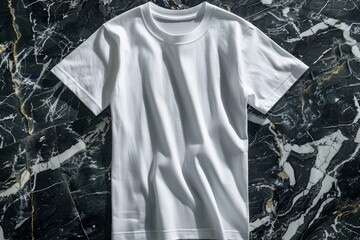 Mockup of a white t-shirt on a dark marble background