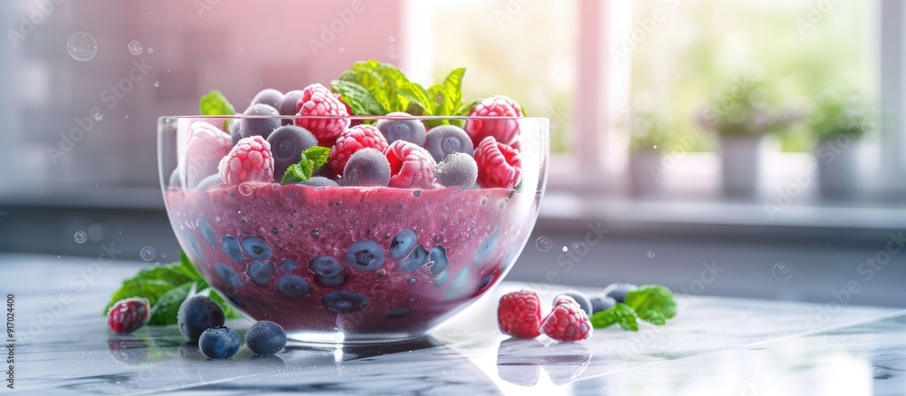 Poster a glass bowl filled with a summer berries smoothie presented against a backdrop of a window with cop
