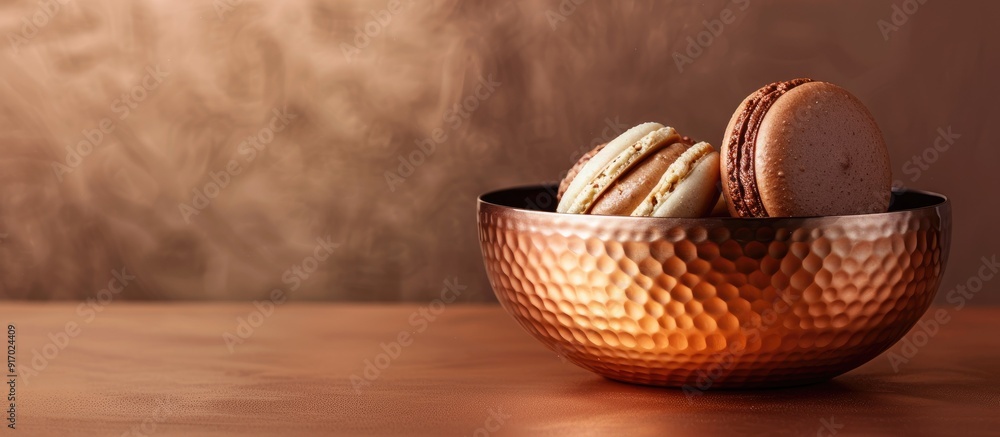 Poster Macarons displayed in elegant copper bowls in front of a blank copy space image