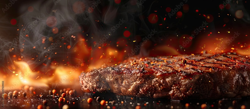 Poster A detailed view of a sizzling steak with copy space image