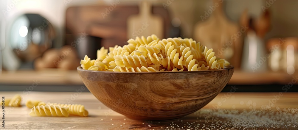 Poster Uncooked pasta in a bowl on a table with copy space image