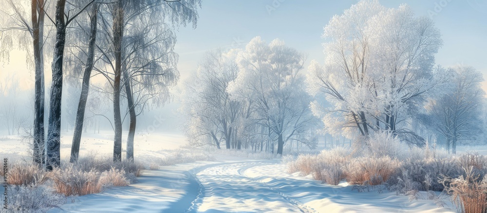 Poster in winter snow covers the landscape creating a serene picture with a peaceful ambiance and a tranqui