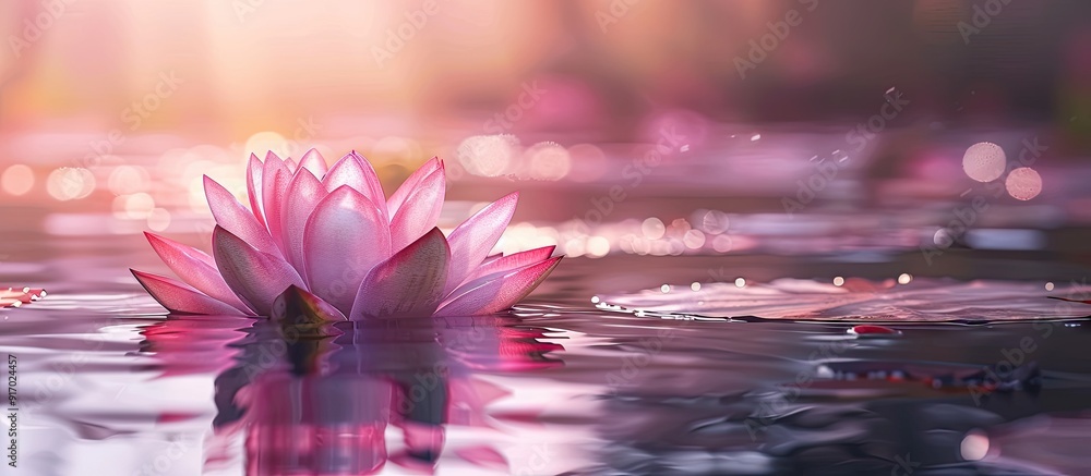 Poster gorgeous pink waterlily or lotus flower floating on a pond with copy space image