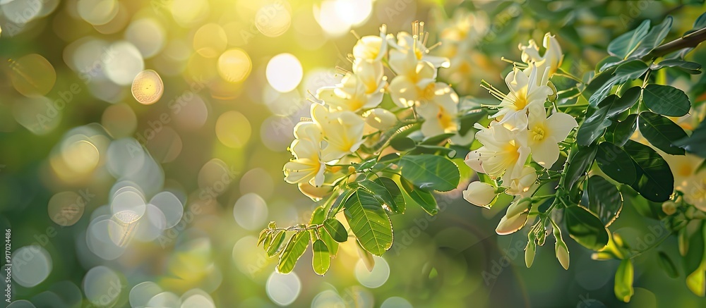 Poster blooming flowers on the moringa oleifera tree create a picturesque scene with copy space image