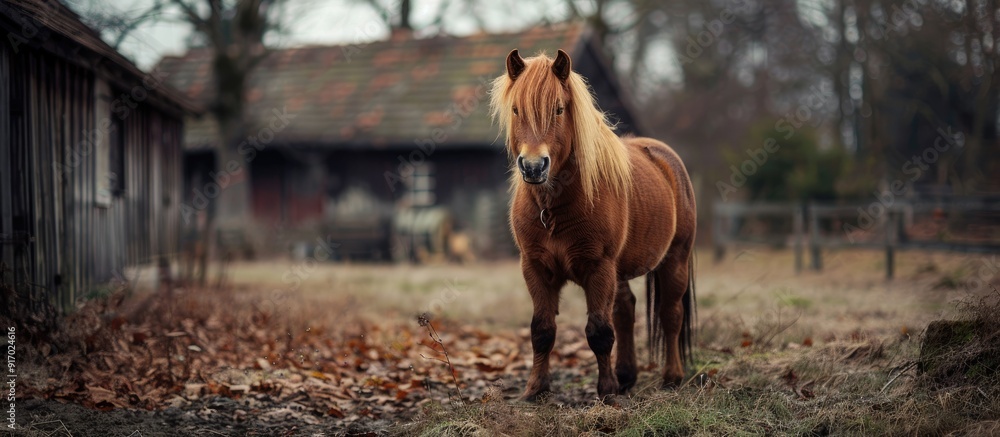 Poster a charming brown pony captured in a farm setting featured in a full body copy space image